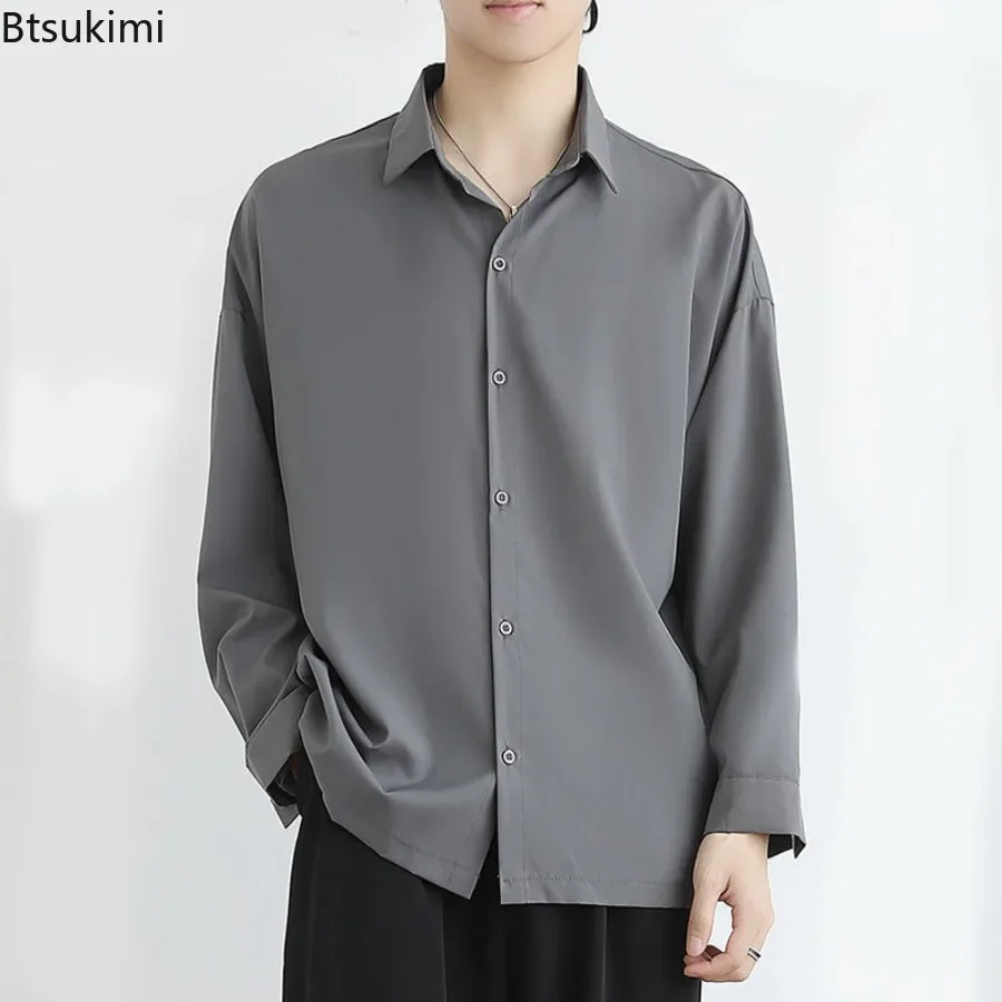 Men's Loose Fit Ice Silk Draped Solid Long Sleeve Shirts Trendy Casual Men's Wear Shirt Fashion Handsome Versatile Shirt Male