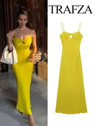 TRAFZA Summer Women Sexy Cut Out Backless Sleeveless Solid Slip Midi Holiday Dress Woman New Fashion Party Evening Dresses Mujer