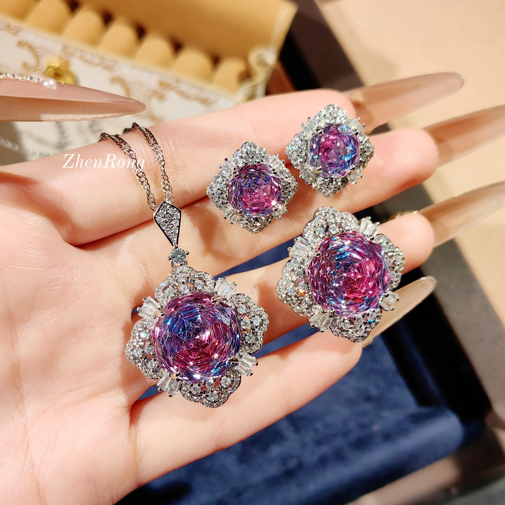 

New Large Octagonal Millennium Rose Dazzling Colorful Necklace High Carbon Diamond Earrings Banquet Ring for Women