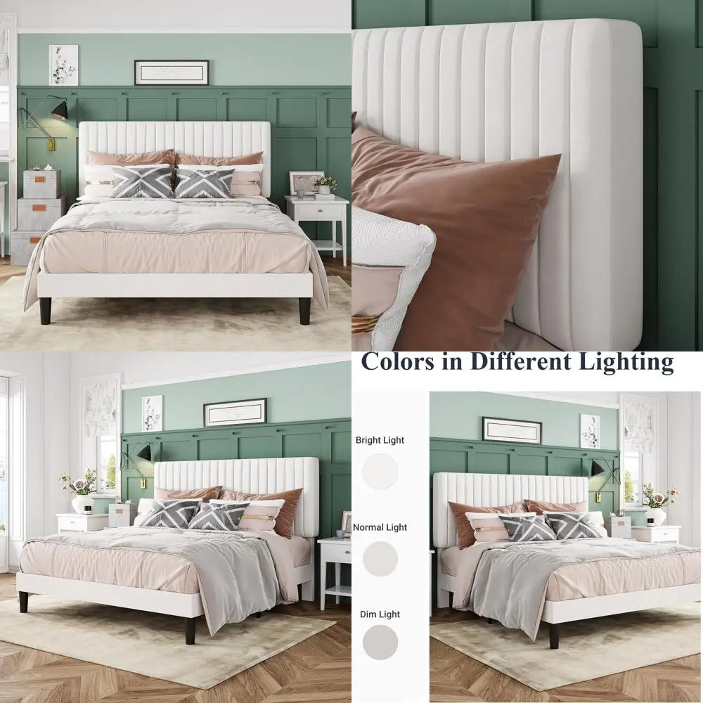 

Velvet Platform Bed Frame with Adjustable Tufted Headboard, Wooden Slat Support, Easy Assembly, Off-White