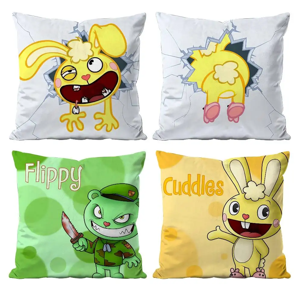 H-Happy Tree F-Friends N-Nutty Kissenbezug, Anti-Dustmite-Kissenbezug, unsichtbarer Reißverschluss, seidiger kurzer Plüsch-Sofa-Kissenbezug