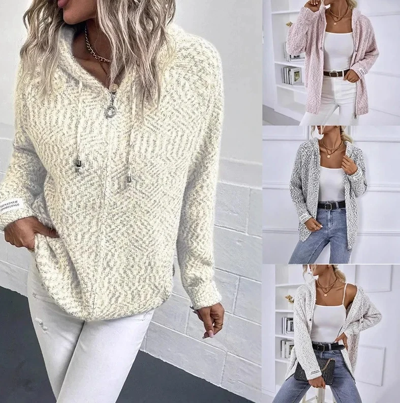 

Thick Hooded Zip Cardigan for Women, Long Sleeve V-Neck Knit Pullover, Solid Color Casual Coat, Winter Warm & Comfortable