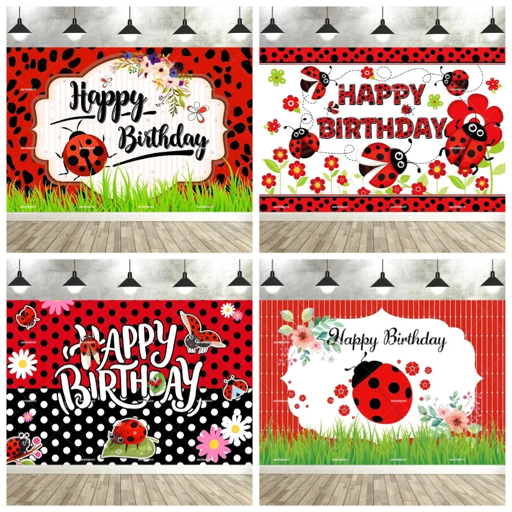 

Seven star ladybug themed happy birthday decoration banner background, cute ladybug polka dot children birthday party background