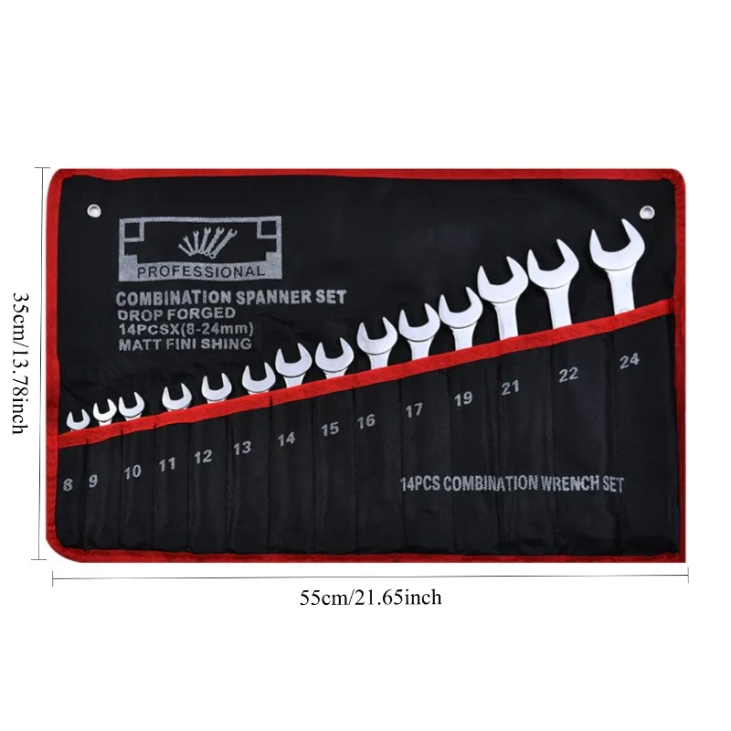 14Pcs Combination Wrench Set 8mm-24mm Ring and Open Ended Wrenches with Tool Storage bag Professional Repair Tools for Mechanics