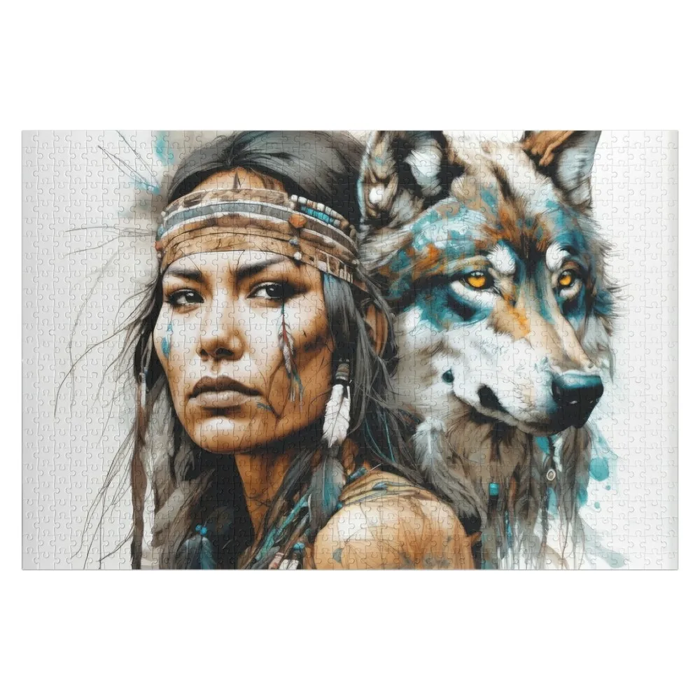 

Native American Woman and Wolf Portrait Jigsaw Puzzle Customs With Photo Toddler Toys Puzzle