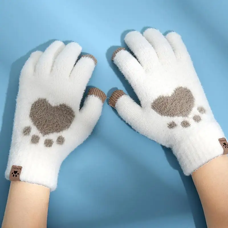 Guantes de invierno para pantalla táctil con patrón de Pata de Gato para mujer, guantes cálidos de dedos completos para hombre, con pantalla táctil