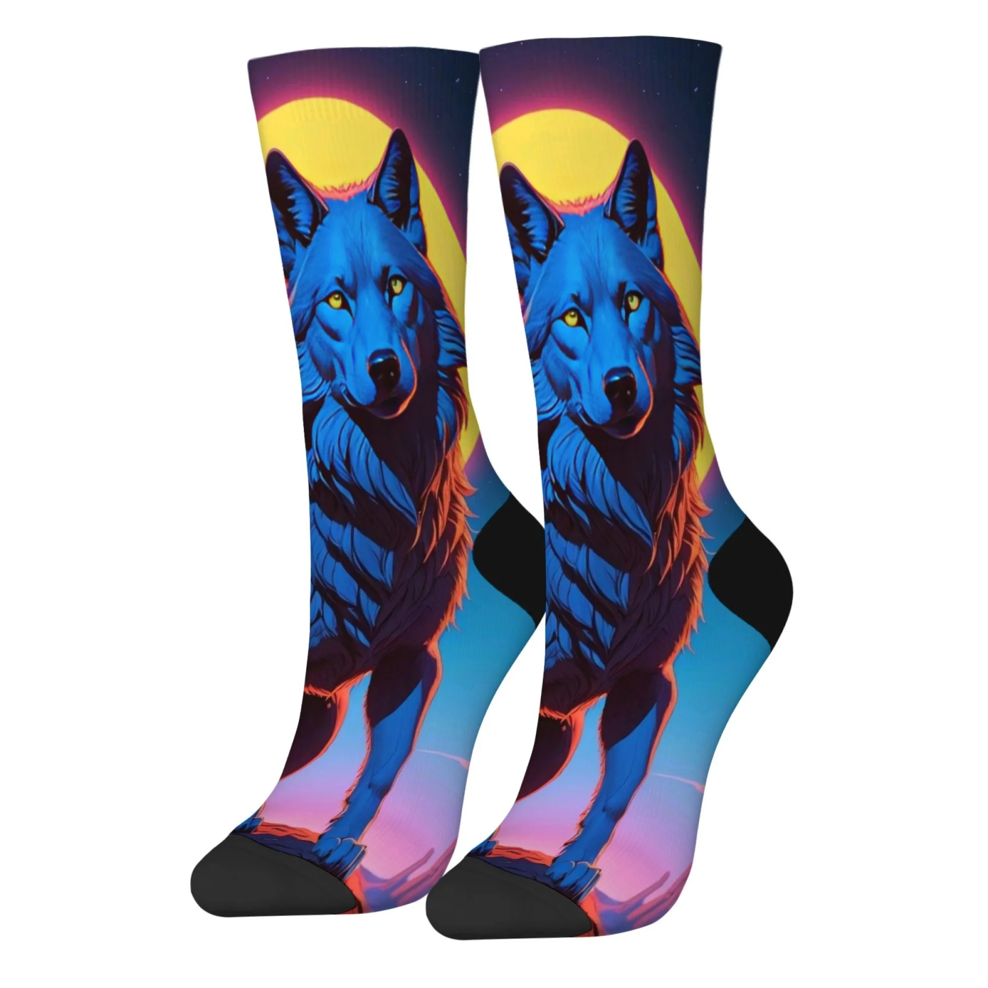 Neuartige lebendige blaue Wolf-Druck-Herrensocken, Harajuku, Retro-Farbverlauf, Sonnenuntergang, Crew-Socken, bequem, atmungsaktiv, rutschfeste Socken, Geschenk