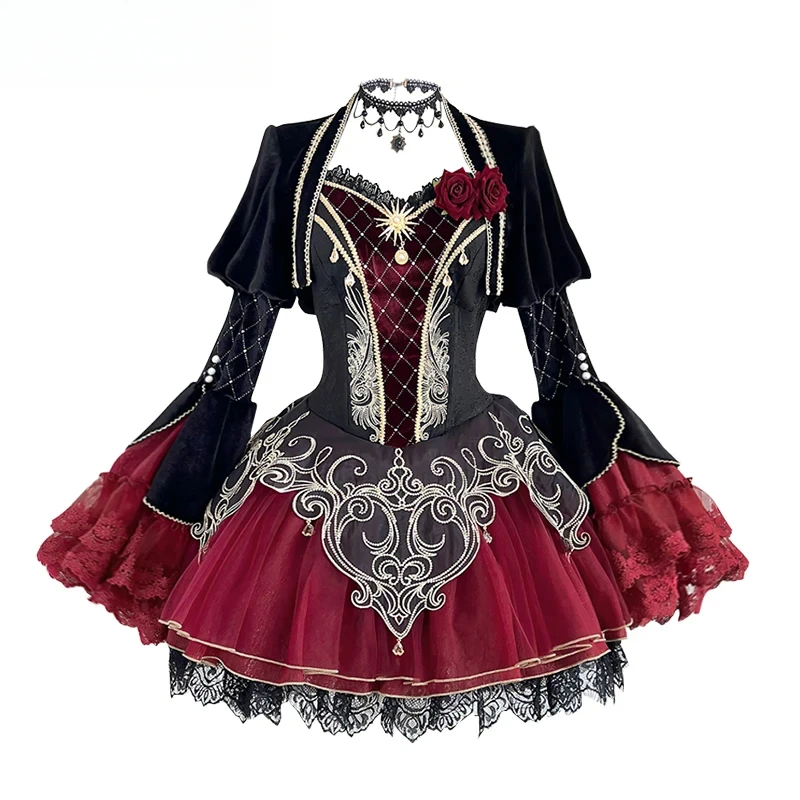 2025 novo goth lolita vestido conjunto primavera e outono novo halloween sexy senhoras magro jsk vestido chifre manga superior feminino conjunto de duas peças