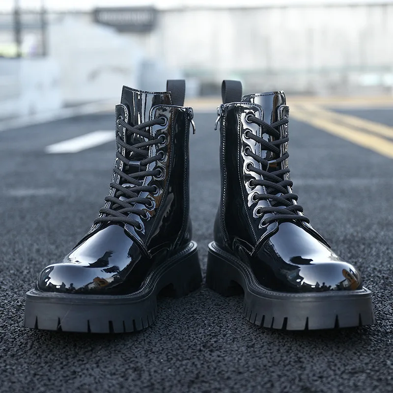 men fashion platform boots brand designer shoes stage nightclub patent leather motorcycle boot lace-up cowboy ankle botas hombre