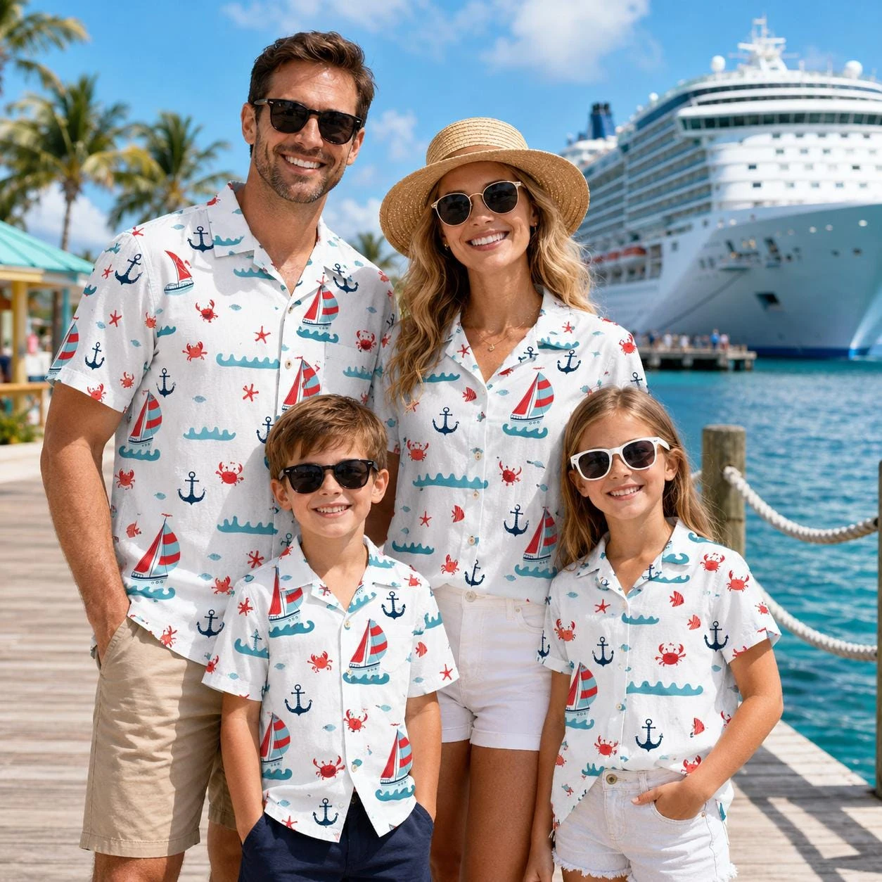 Summer Men's Family Wear Beach Hawaiian Shirt Tropical Summer Sandcastle Palm Tree Print Shirt Vacation Style Parent Child Shirt