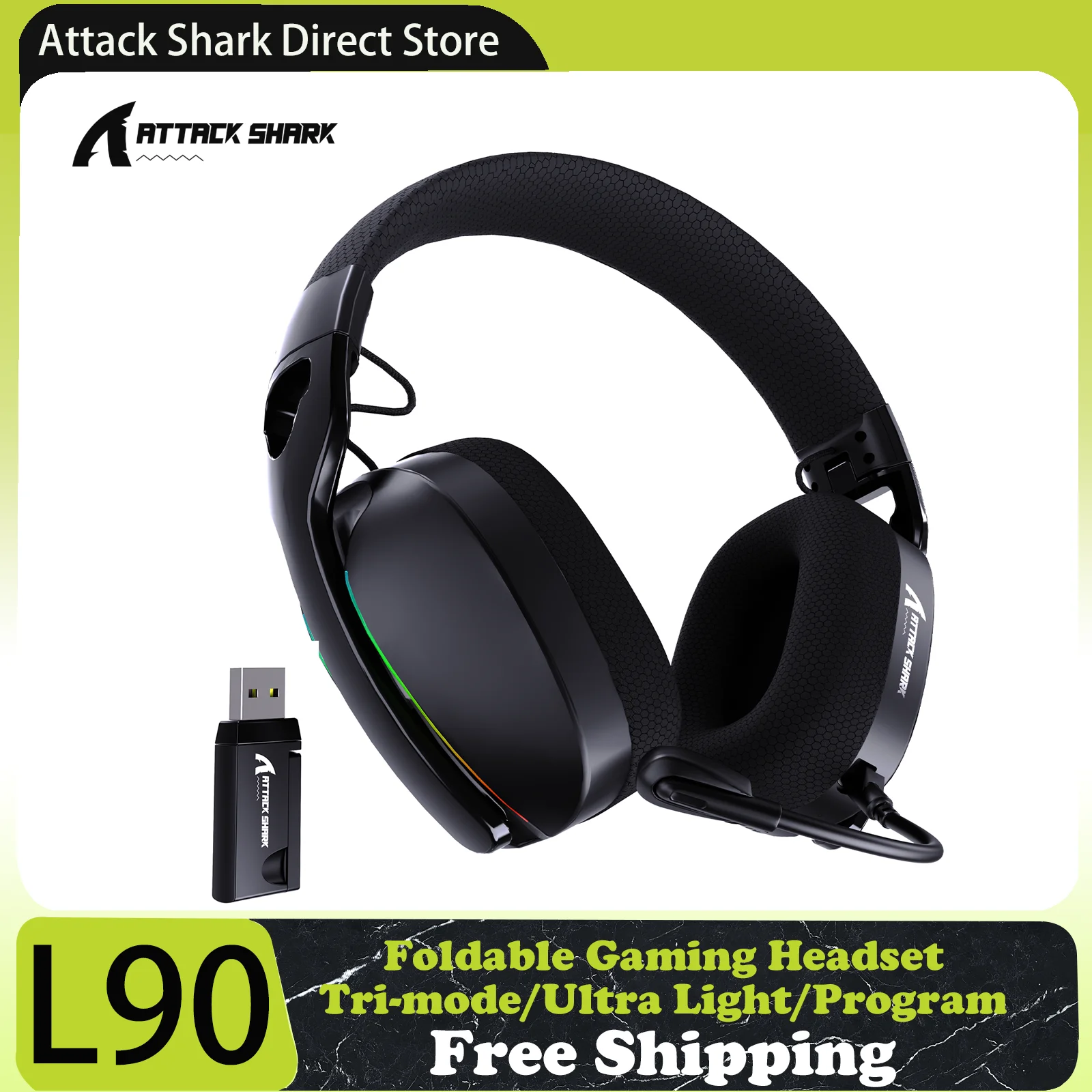 ATTACK SHARK L90 Flodable Tri-Mode Gaming Headset, Ultra-Light, Detachable Noise-canceling Microphone, RGB, 7.1ch Sound, 500mAh