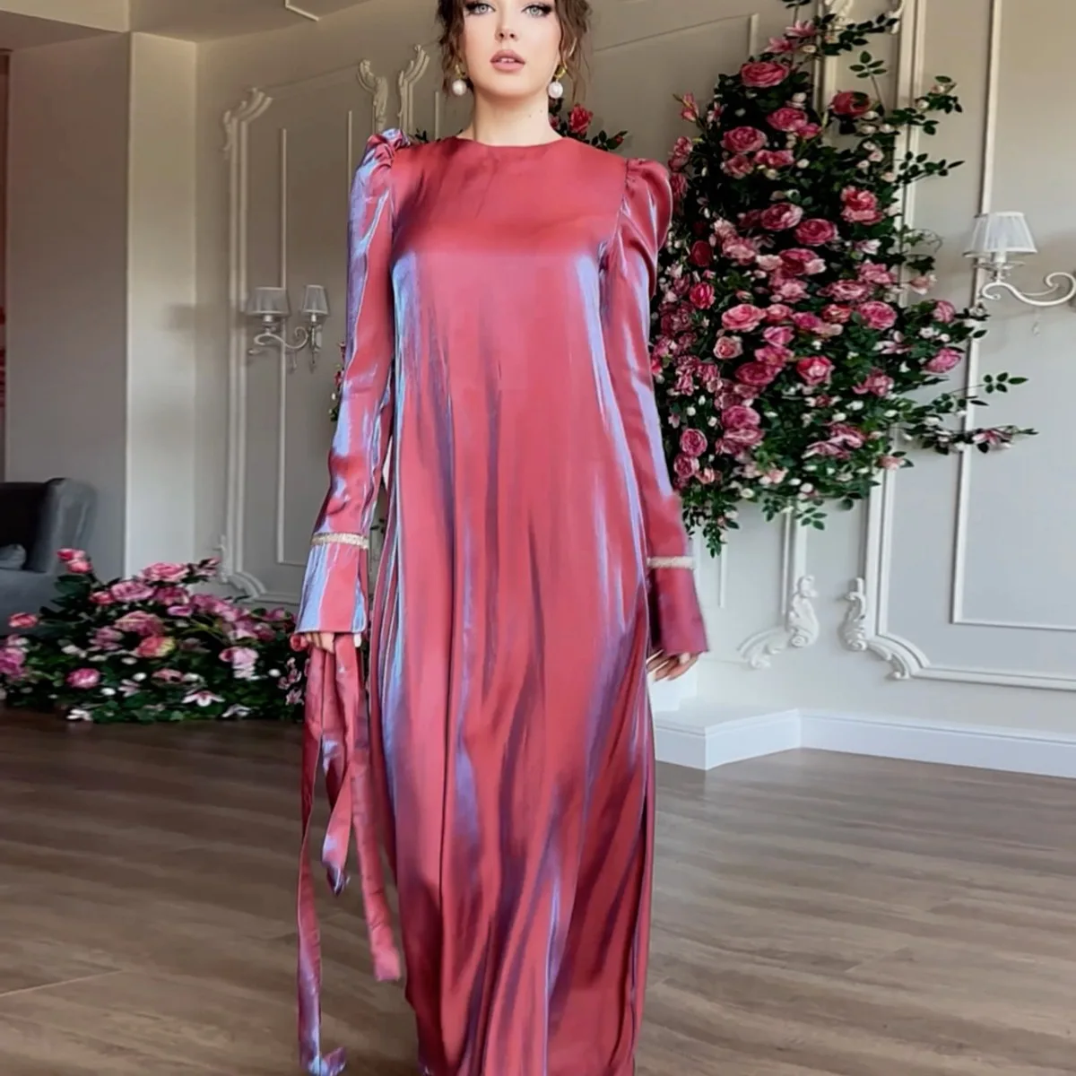 

Glitter Glazed Satin Dress for Women Saudi Arabia Dubai Abayas Elegant Temperament Muslim Dress Full Length Robes Turkey Islam