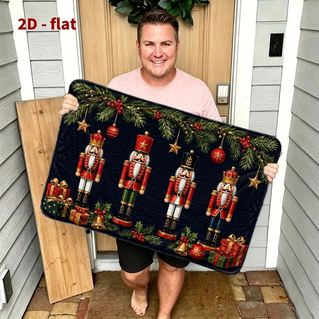 Deep Blue Velvet Nutcracker Soldier Pine Branch Gift Print Durable Washable Front Door Mat For Vintage Christmas Porch Decoratio
