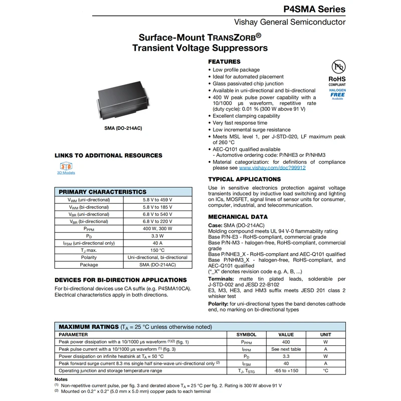 P4SMA250A DO-214AC 250A 20PCS SMA 250V Unidirectional TVS Tube Transient Suppression Diode