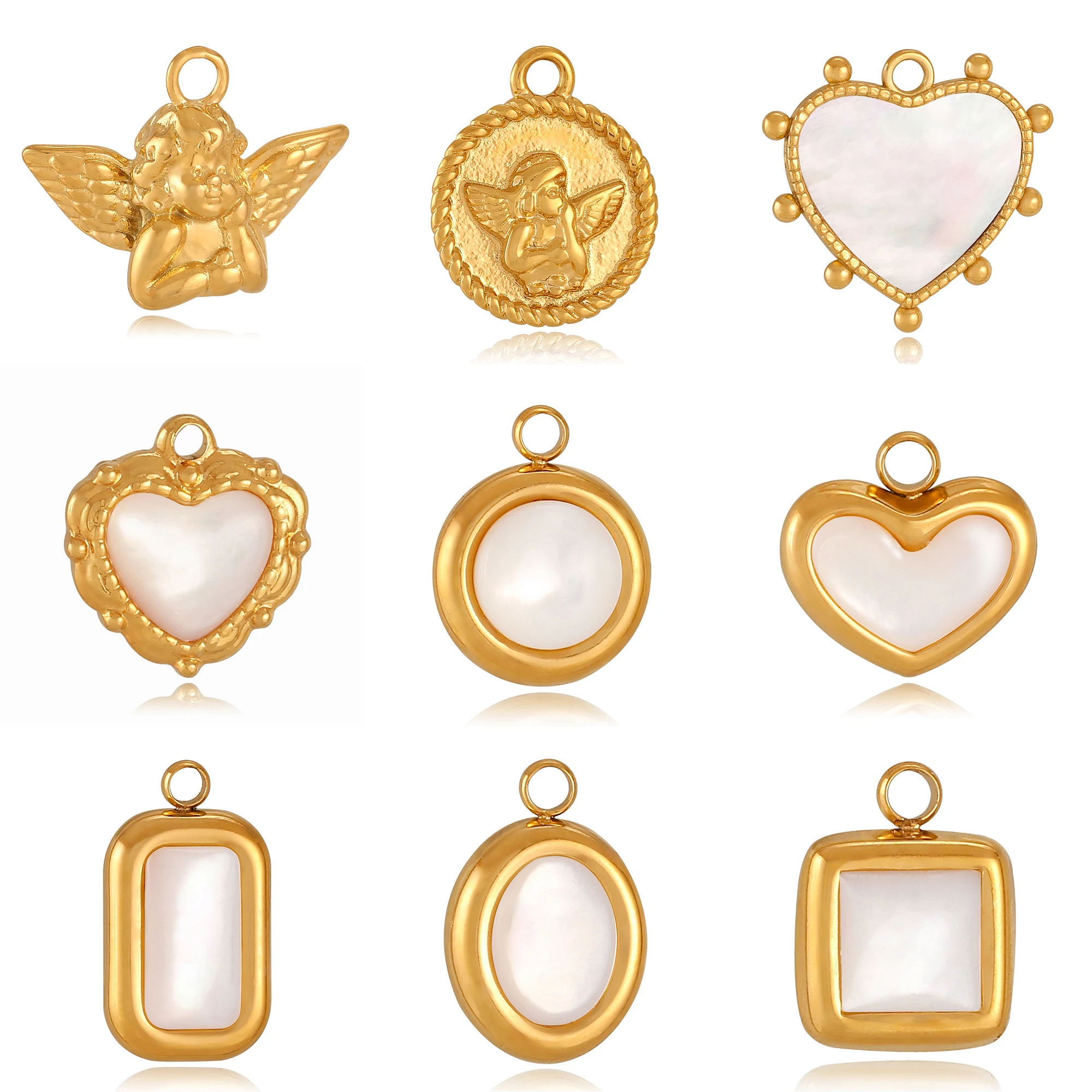 3Pcs Natural Sea Shell Hearts/Angel/Square Shape Charms Stainless Steel Gold Color Pendants DIY Necklace Bracelet Jewelry Making