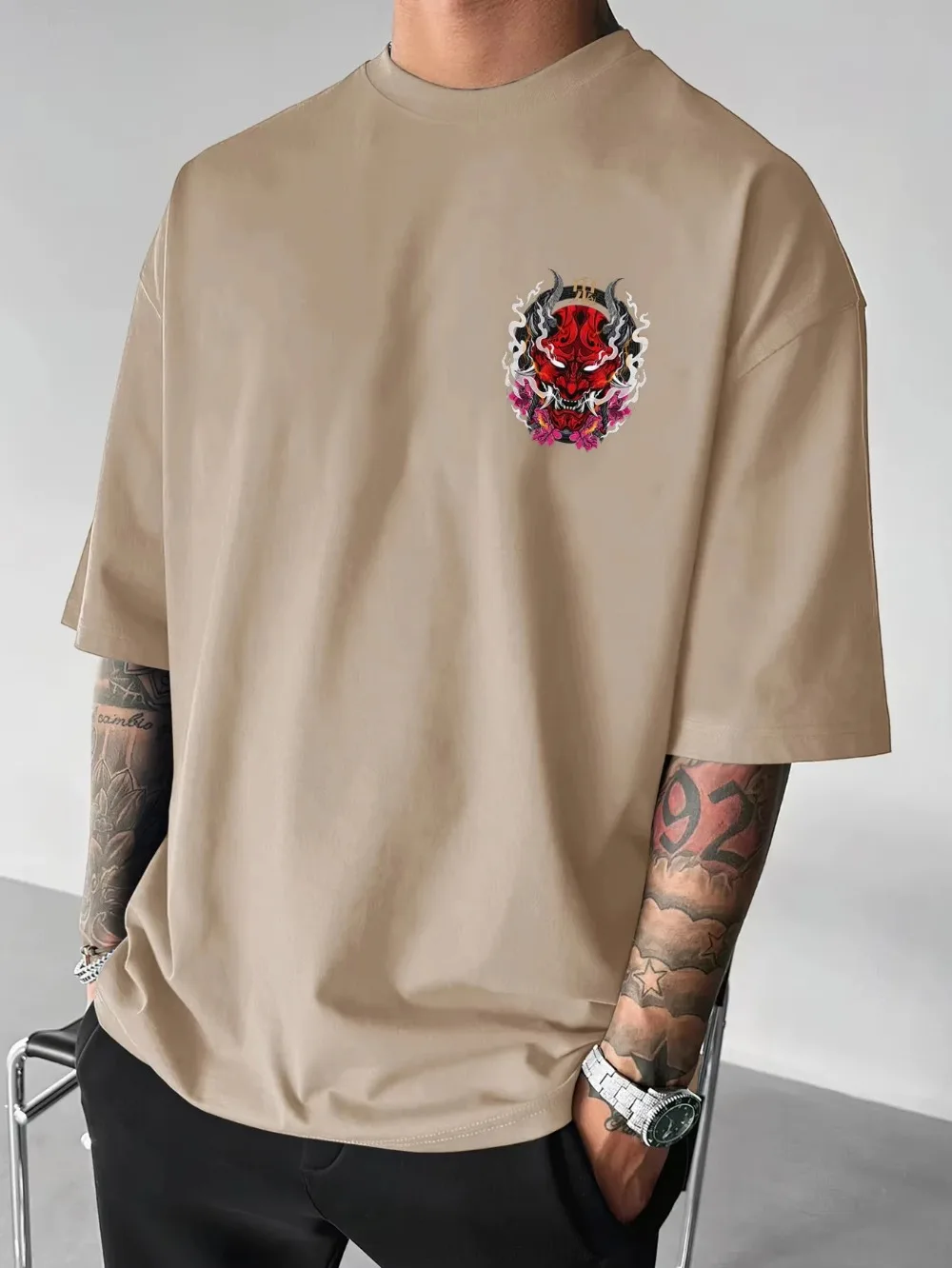 Japanisches Dämonen-Oni-Maskenmuster, 3D-Druck, atmungsaktiv, schnell trocknend, großes T-Shirt für Herren, Outdoor, Freizeit, Sport, Eltern-Kind-Kleidung – Detail 7