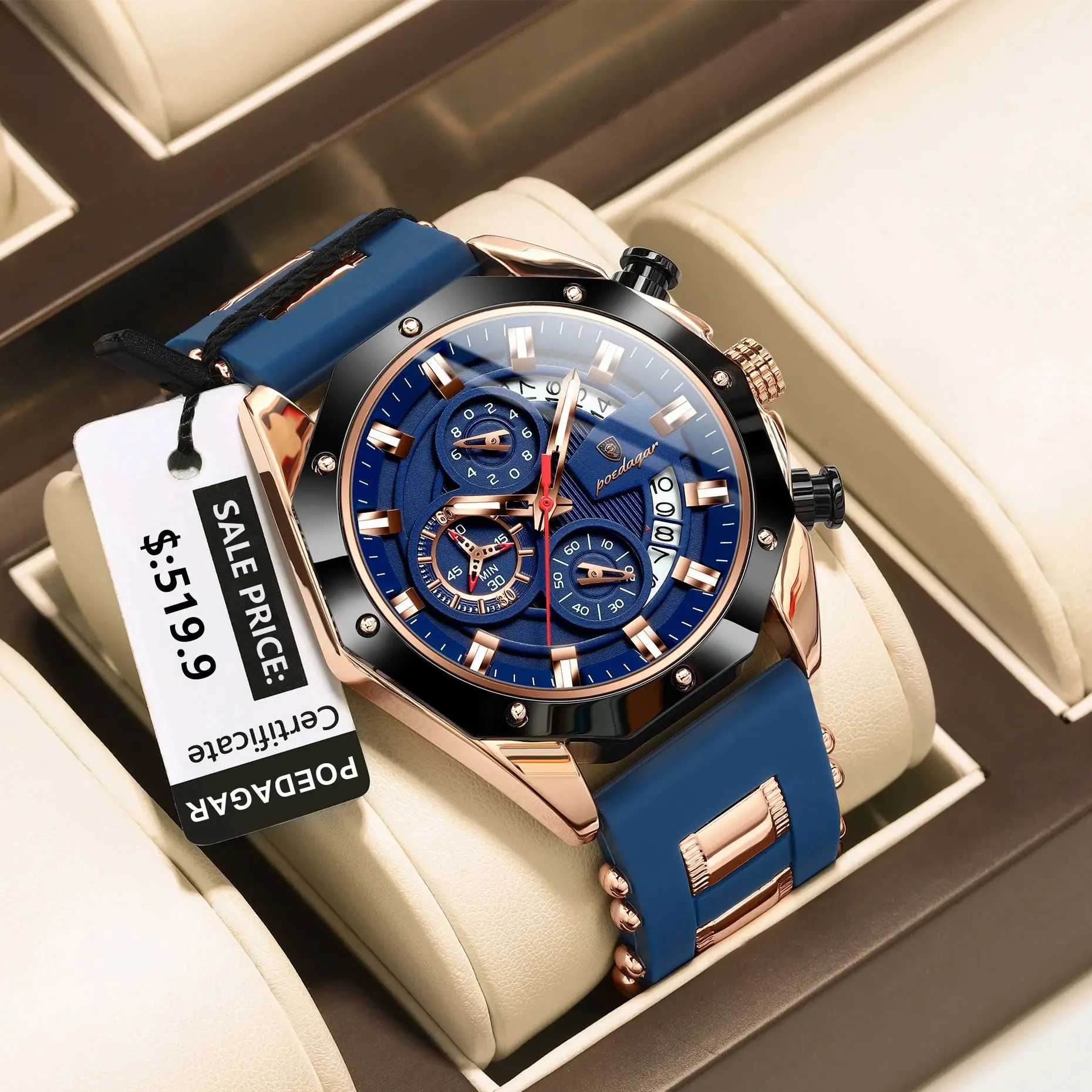 POEDAGAR Luxury Men Watch Waterproof Luminous Date Man Wristwatch Chronograph Silicone Strap Quartz Men's Watches Original reloj