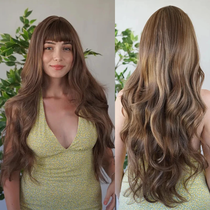 28inch Caramel Brunette Wig with Bangs Honey Blonde Highlights Long Wavy Fibre Synthetic Lace Front Wig Cosplay Wemen's Gift Wig