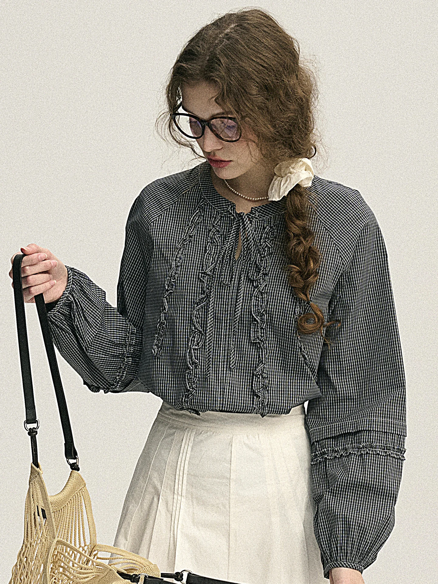 

Classic DIGBU Retro Plaid Cotton irt Women's round Ne Tie Drapey Breathable Long Sve French Sle Loose Fit Spring