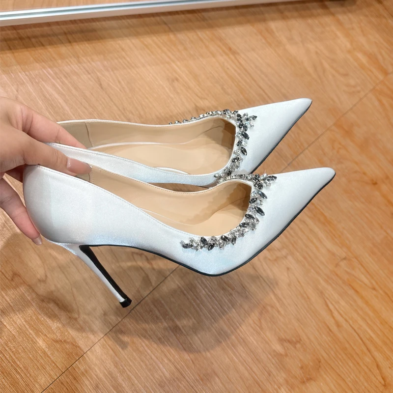 

2024 New Women's Spring Summer Elegant Wedding Shoes Bridal Shoes White Rhinestone High Heels Bridesmaid Pumps