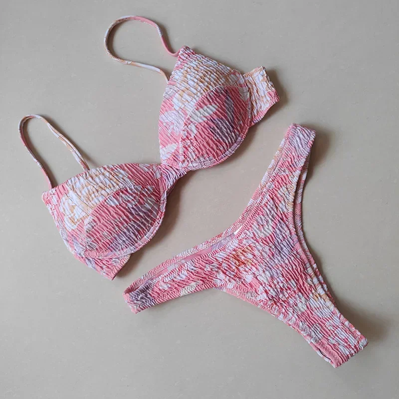 New Sexy Underwired Push Up Bikini Set Women Triangle Brazilian Bikinis Swimwear Ruched Biquini Printed Bathing Suits Beach Wear