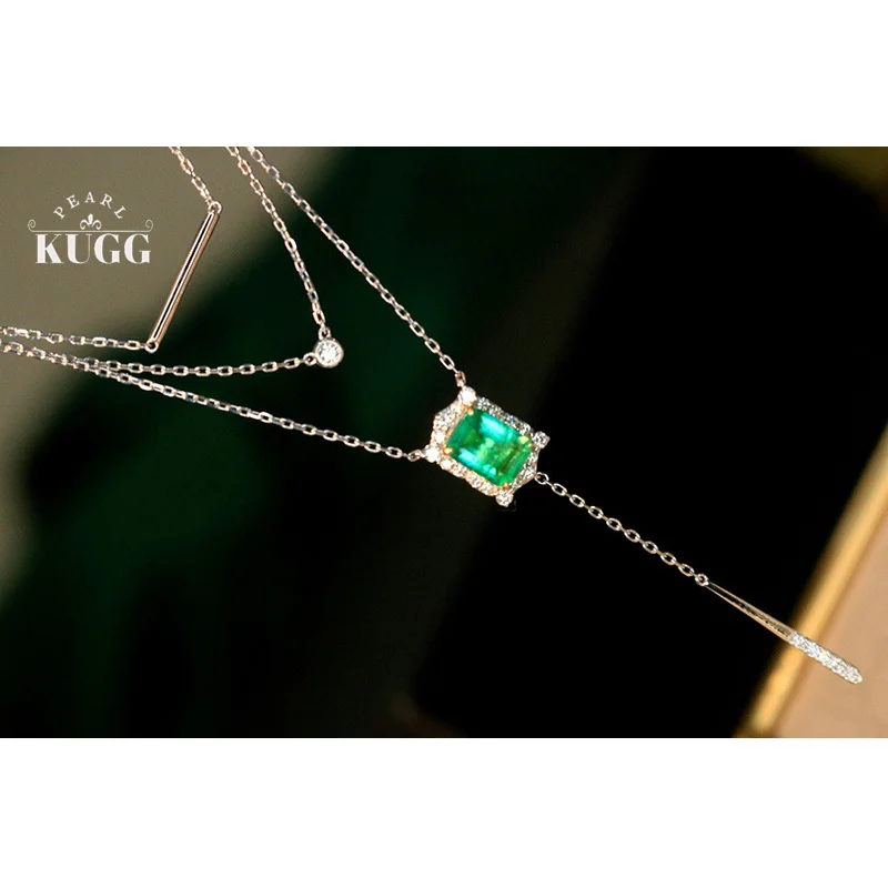 

KUGG 100% 18K White Gold Necklace Fashion Three-layer Design Shiny Diamond Natural Emerald Necklace for Women Fine Jewelry