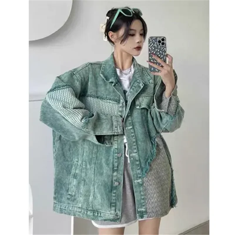 Jaket Denim musim gugur dan dingin 2024 baru Fashion longgar mantel santai kancing Vintage Patchwork warna murni pakaian luar hijau wanita