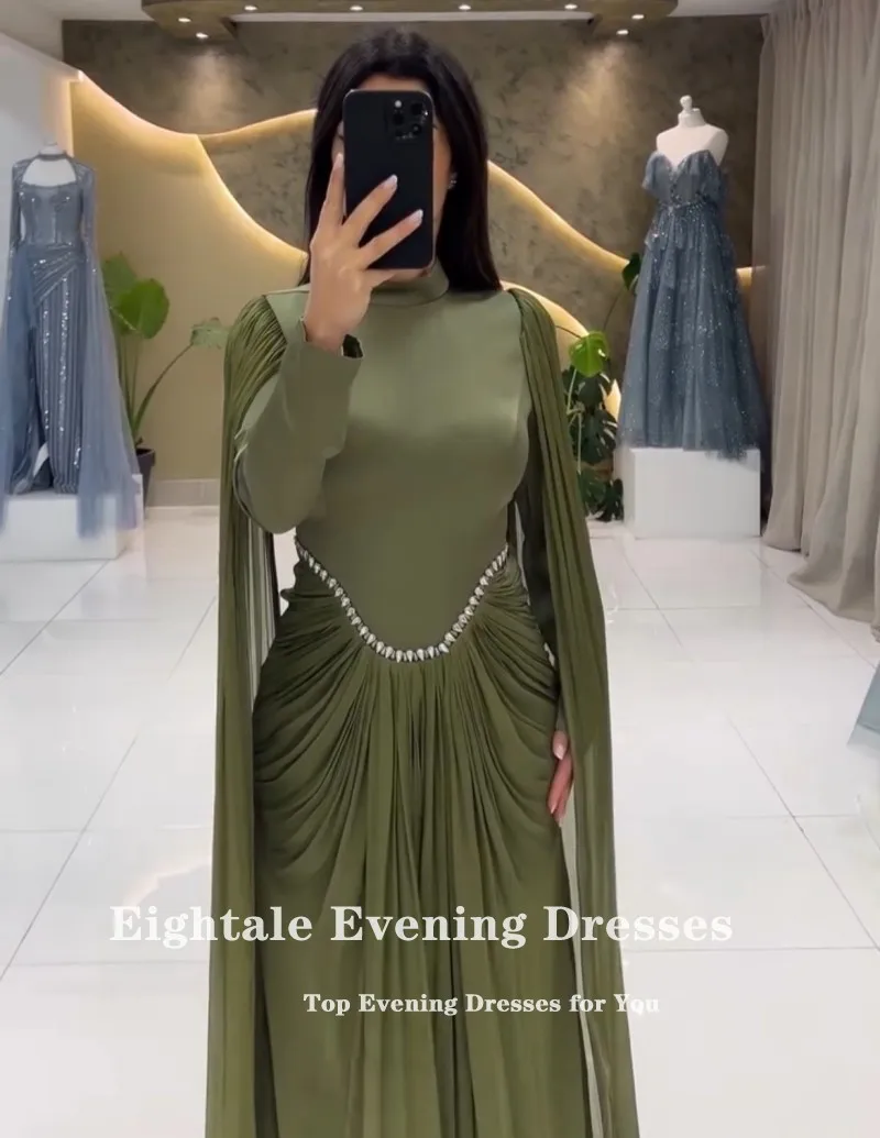 

Eightale Arabic Evening Dresses O-Neck Satin Floor Length Army Green Sexy Mermaid Customized Prom Party Gowns for Wedding