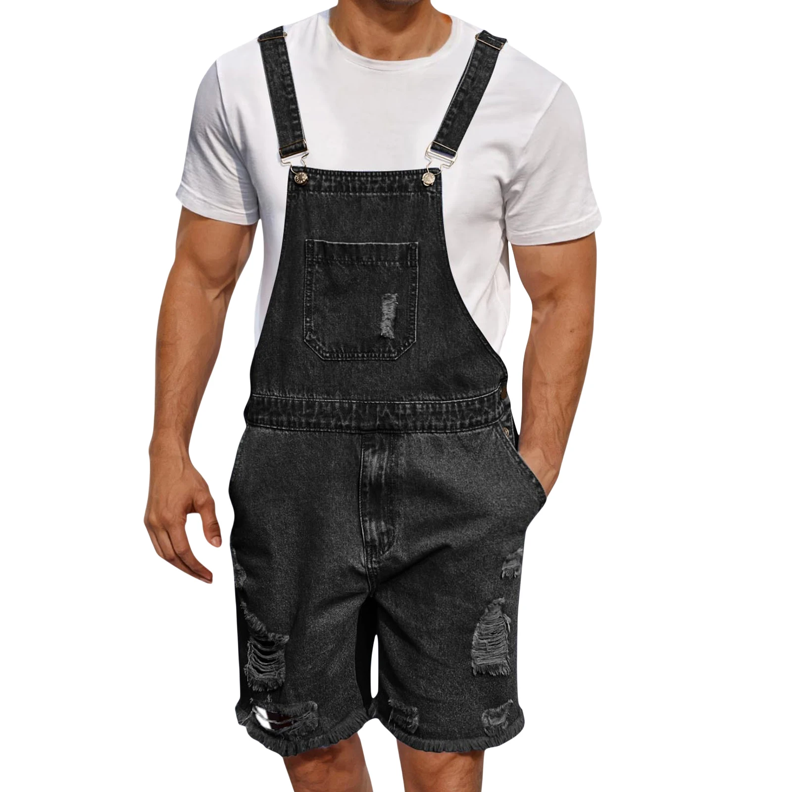 

Men Overalls Shorts Sleeveless Ripped Solid Loose Summer Jumpsuit Denim Shorts for Casual Daily