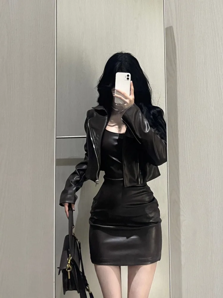 Fashion Vintage Long Sleeve Zipper Leather Coat Women+ Y2k Sexy Slim Fit Bodycon Camisole Dress Summer New Two Piece Sets