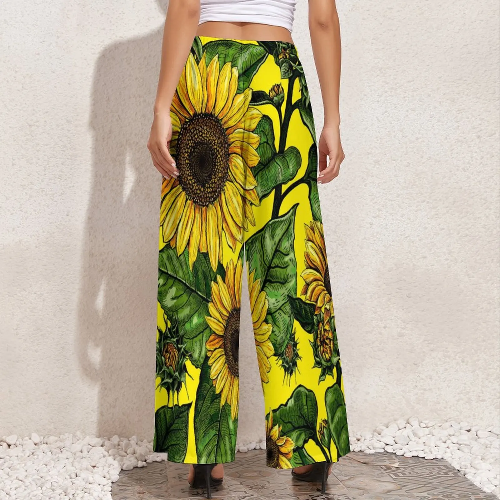 Retro Sunflower Pants Floral Design Harajuku Straight Wide Pants Elastic High Waist Elegant Trousers Big Size