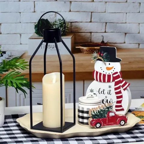 Two-piece Modern Farmhouse Lantern Decoration Two-piece Set-black Metal Christmas Candle Lantern-lantern Decoration W/ Timer Flashing Candle Is Used for Living Room, Home, Indoor, Outdoor, Table and Fireplace Cover Decoration