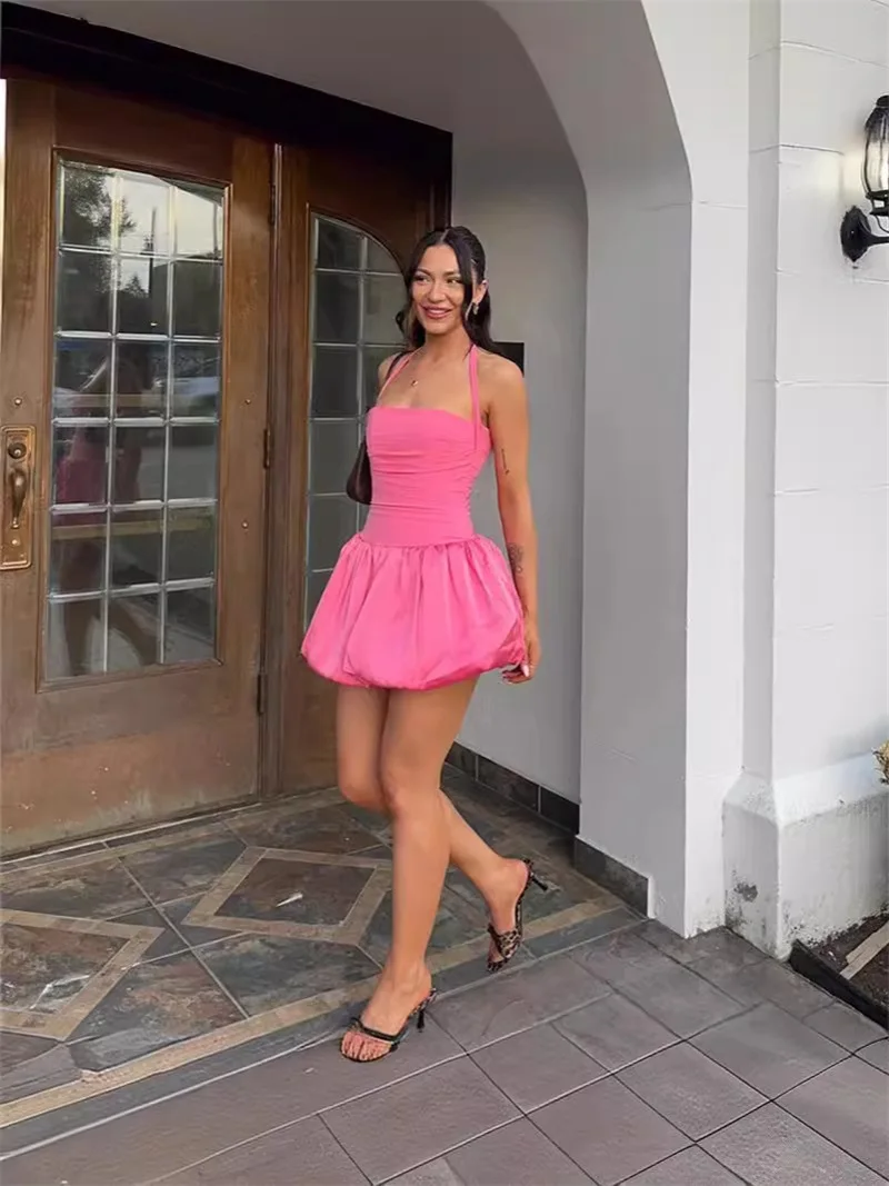 Vestido de graduación para mujer, minifalda corta con cuello Halter y cordones en la espalda, Sexy, sin mangas, para vacaciones en la playa