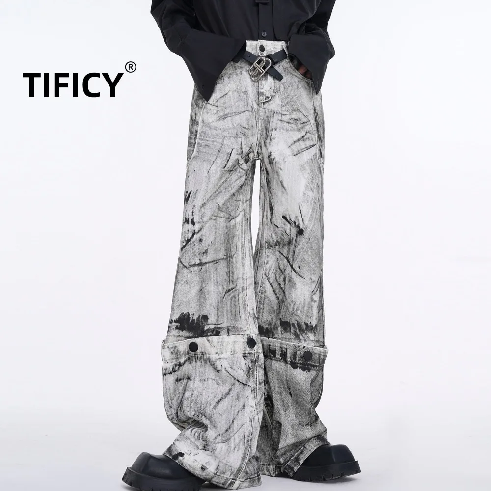 

High Street Dirty Jeans Pants Men's High Street White Graffiti Detachable Straight Leg Wide Leg Streetwear Denim Pants
