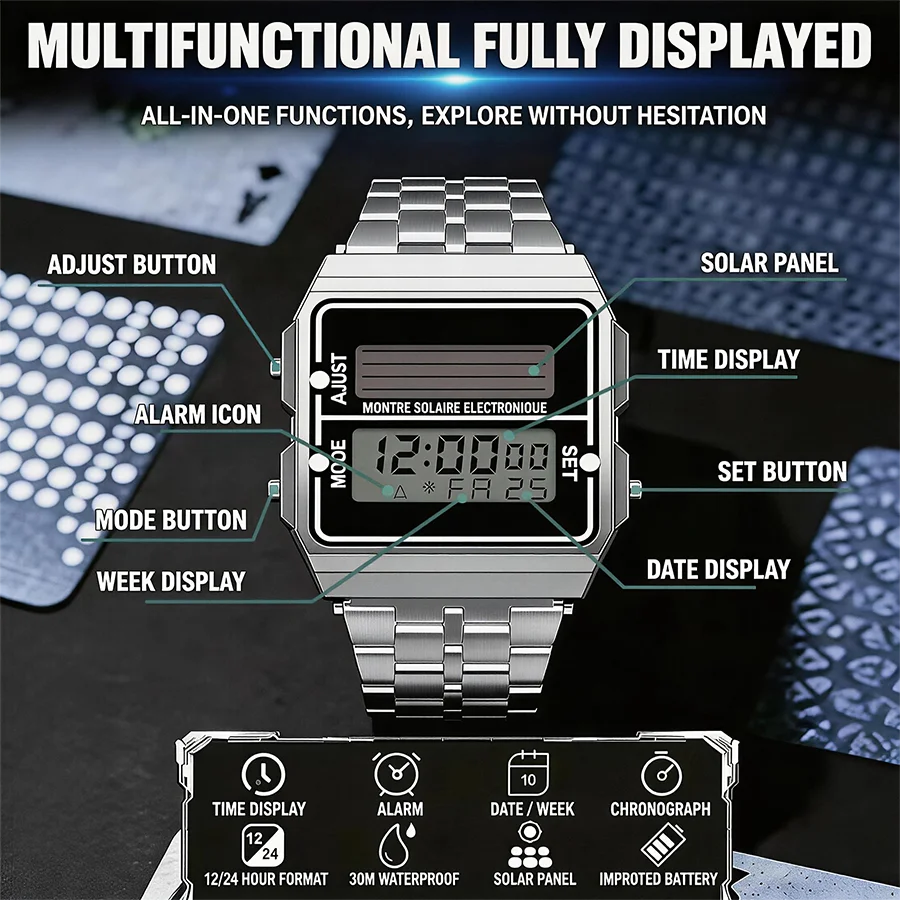 Retro Silver Metal Square Solar Watch Men | 30M Waterproof Electronic Wristwatch with Alarm, Chronograph, Date/Week Display view 5