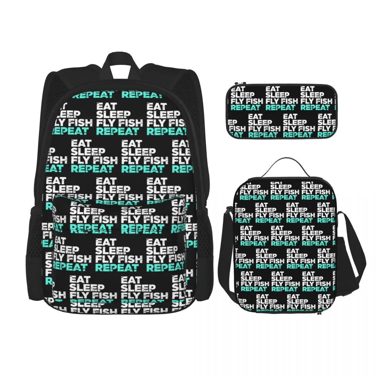 Eat Sleep Fly Fish Fly Fishing Graphic Backpacks Boys Girls Bookbag School Bags Rucksack Lunch Bag Pen Bag Three-Piece Set