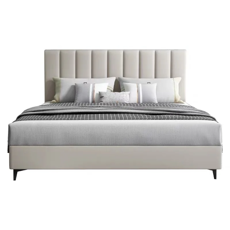 Italian leather bed small apartment minimalist ultra-thin bedside soft bag leather art wedding bed high box storage