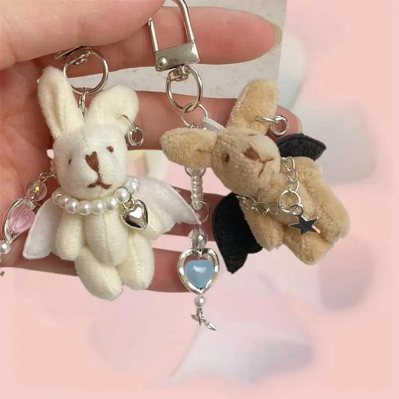 Stylish Punk Angel Bunny Soft Keychain Pendant Telephone Chain Backpack Charm Trendy Female Bag Hanging Pair Accessory Souvenir view 3