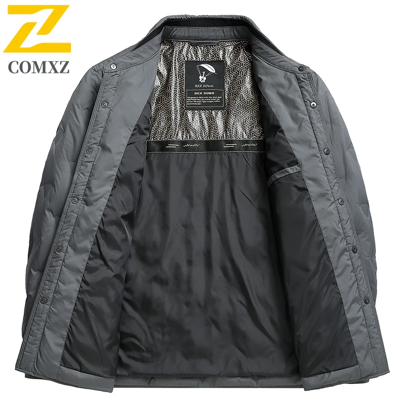 COMXZ Mens Down Jacket Premium Lapel Business Casual Ultra Light Puffer Coat Single Breasted Design Comfort Warm Winter Jackets