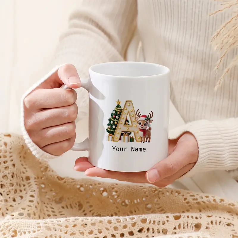 Letter A-Z Custom Name Christmas Ceramic Mug Cute Reindeer Christmas Tree Gift Box Monogram Coffee Cup Personalized Xmas Gift