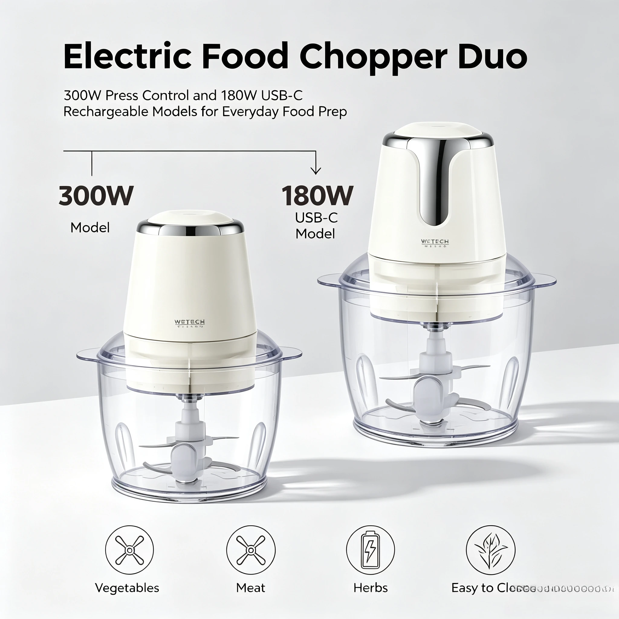 Collezione di tritatutto elettrico e macinino per spezie WETECH, mini robot da cucina con alimentazione a corrente e ricarica tramite USB-C, 4 lame in acciaio inossidabile per tritare carne, verdure,