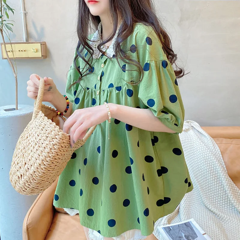 Sweet Peter Pan Collar Spliced Folds Lace Polka Dot Blouse Female Clothing 2023 Summer New Casual Pullovers Loose Korean Shirt