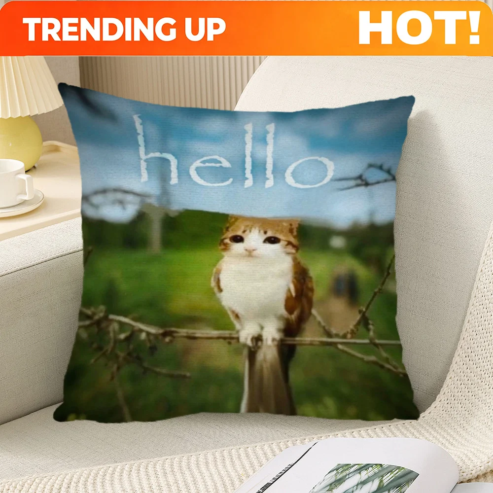 Customize 1pc Hello Meowl Fun Pattern Printed Square Pillow Cover, Suitable for Living Room, Bedroom, Office, Dorm, Car, Indoor