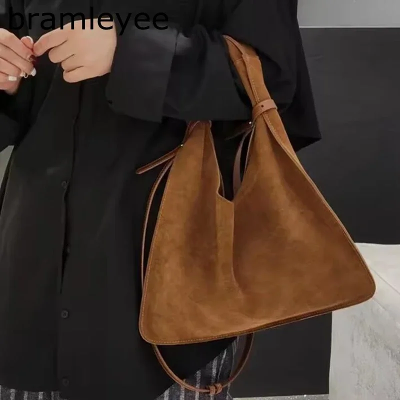 New Triangle Shape Design Coffee Blue Tote 2 Size Genuine Suede Leather Women Hand Bag Simple Commuter Daily Shoulder Bag