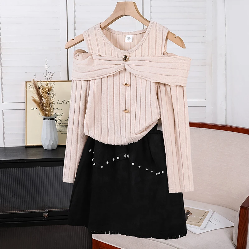 Girls 8-12 Spring Autumn 2Pcs Daily Outfit, Cold Shoulder Ribbed Long Sleeve Top with Rhinestone Fringe Skirt Casual Kids Suit