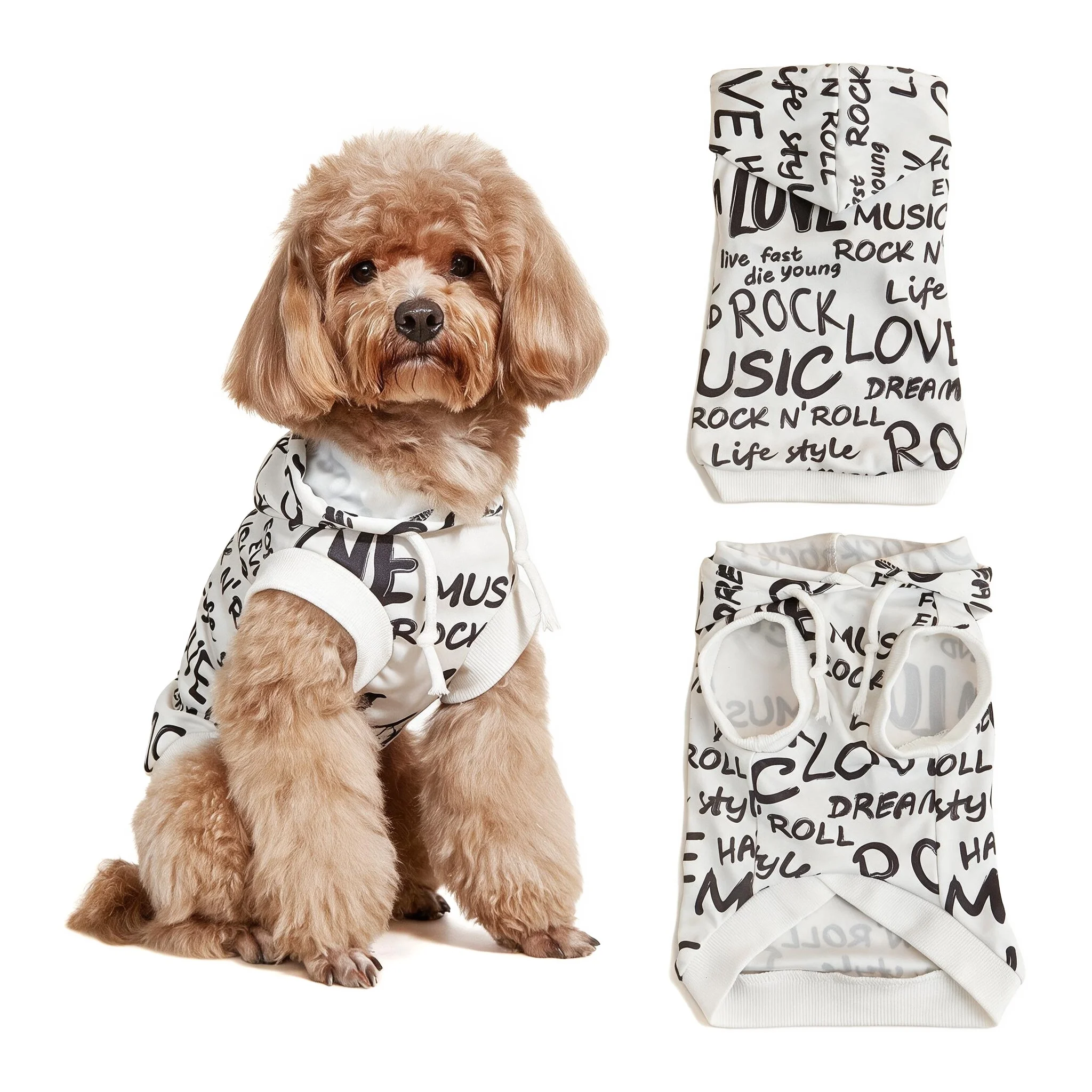 Cute Hooded Pet Sweatshirt, White with Black Hand - Drawn Lettering Print, Lightweight & Trendy, Ideal for Small Dogs and Cats