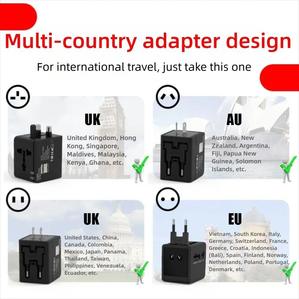 New All-in-One Plug Adapter With 2 USB Black Euro Travel Adapter Universal Converter