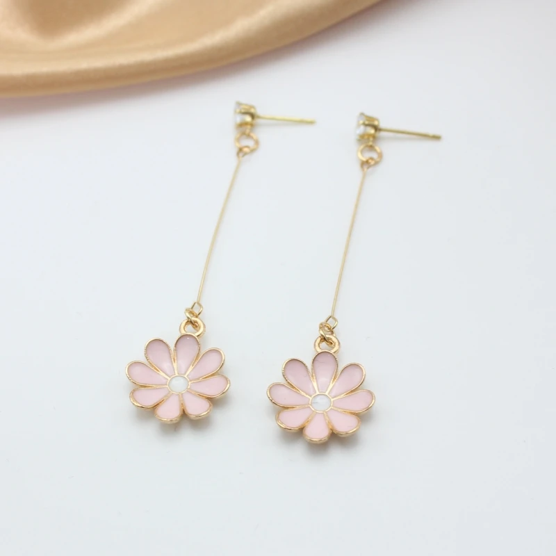 Delicacy Pink Color Daisy Sunflower Drop Earring for Women Long Dangle Simple Everyday Holiday Birthday Gift Beautiful Jewelry