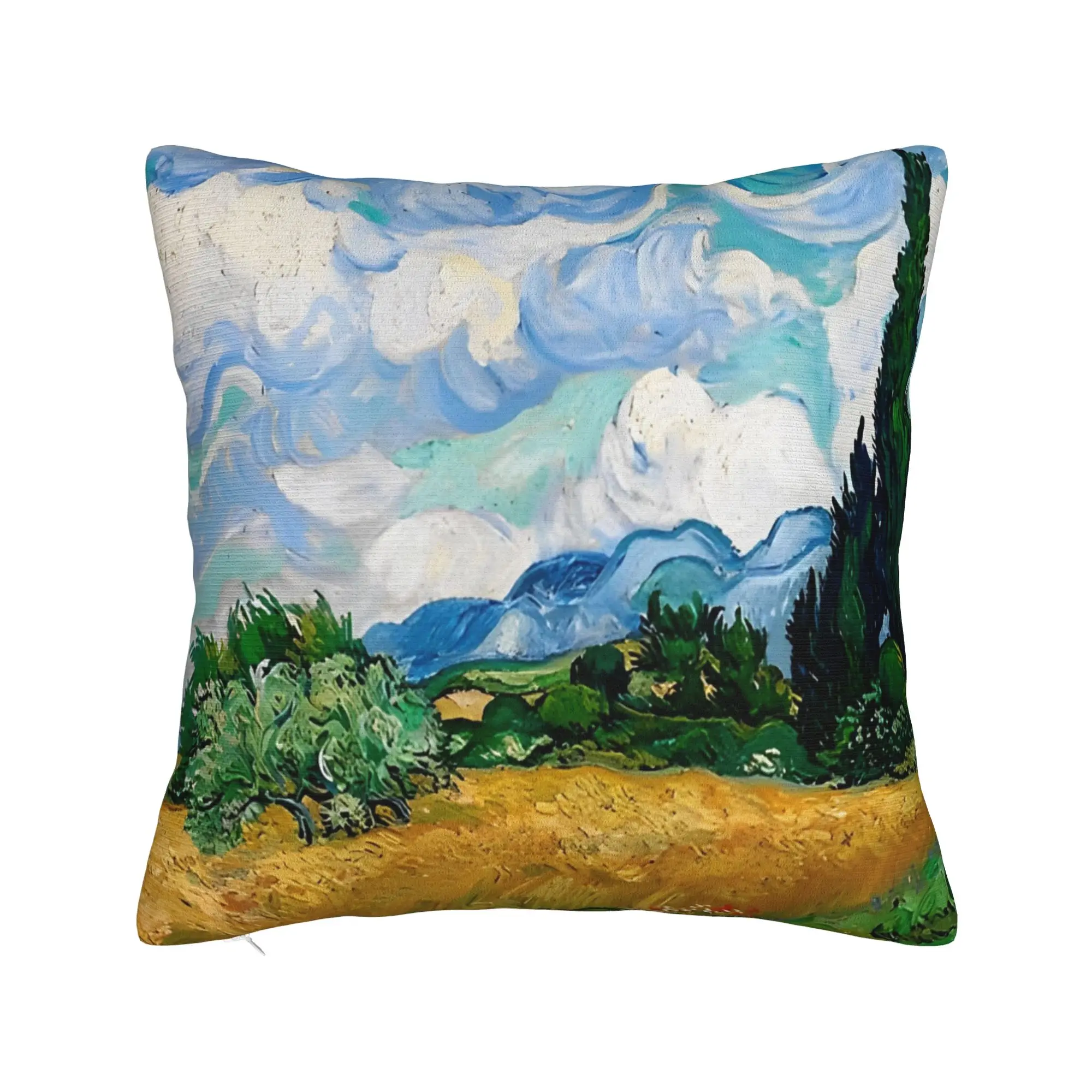 Van Gogh Wheat Field with Cypresses Square Pillow Cases Oil Painting Cushion Cover Customized Decor Pillowcase for Home 45x45cm