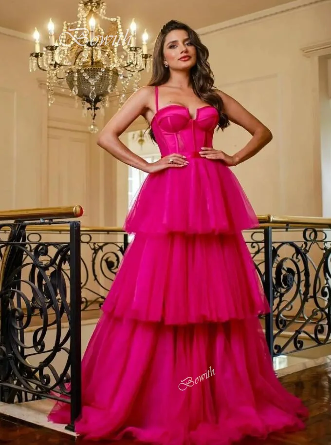 Bowith Fuchsia Spaghetti Strap Evening Party Dress Corset A Line Tiered Prom Gown Cocktail Dress vestidos de noche